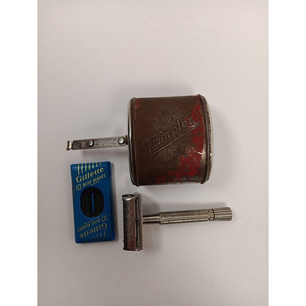 Vintage Gillet Razor With Twin Plex Auto Blade Sharpener Gillet Blue Blade Pack